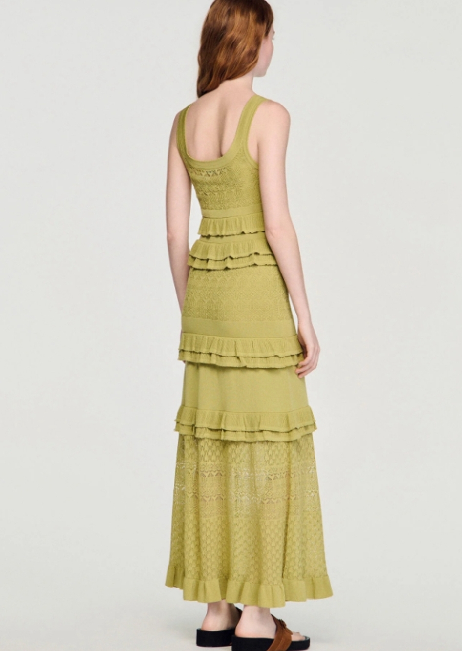 🟢Sandro Olive Green Tiered Ruffle Knit Midi Dress Sleeveless Lace - Picture 7 of 12